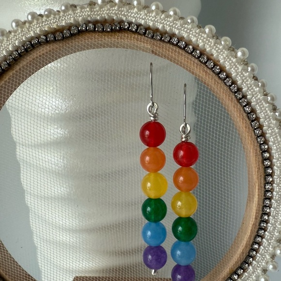 HAND CRAFTED Pride Wire Wrapped Jade Rainbow Sterling Silver Earrings - Picture 6 of 13